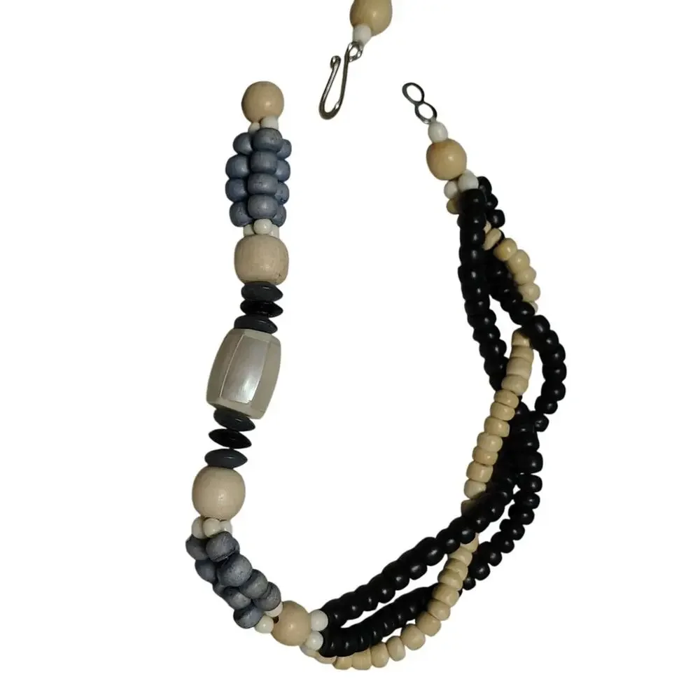 Vintage Blue Beige Mother of Pearl Pendant on Beaded Statement Necklace